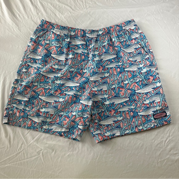 Vineyard Vines Mens Pink Blue Swim Trunks XL Salmon Mesh Lined 7” Inseam - 286 - Picture 1 of 7